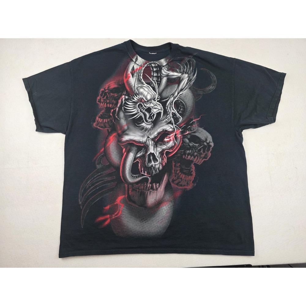 Y2K Dragon Skulls‎ Red Lightning Graphic Shirt Mens Size 2XL